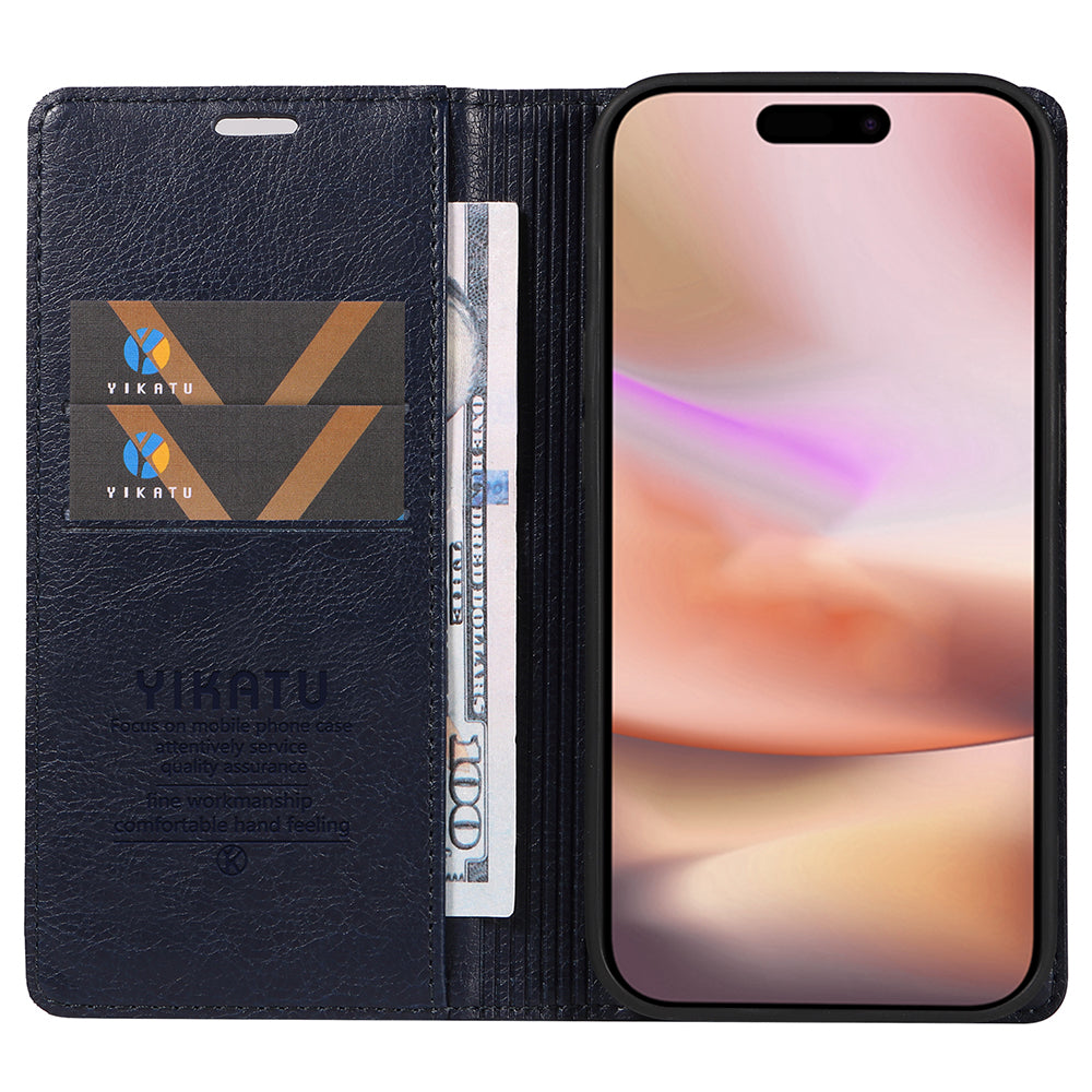 YIKATU YK-006 For iPhone 16 Plus Case Magnetic Auto-absorbed Leather Phone Cover - Navy Blue