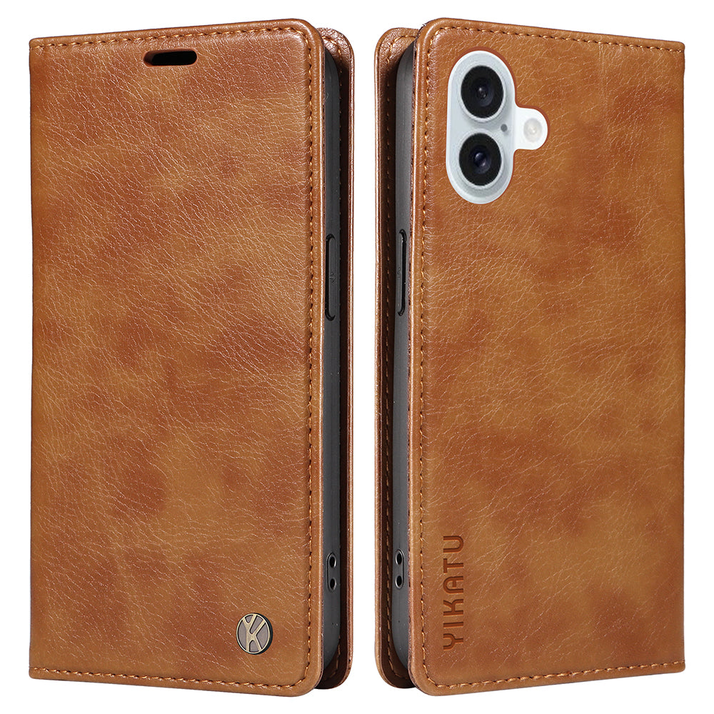 YIKATU YK-006 For iPhone 16 Plus Case Magnetic Auto-absorbed Leather Phone Cover - Brown