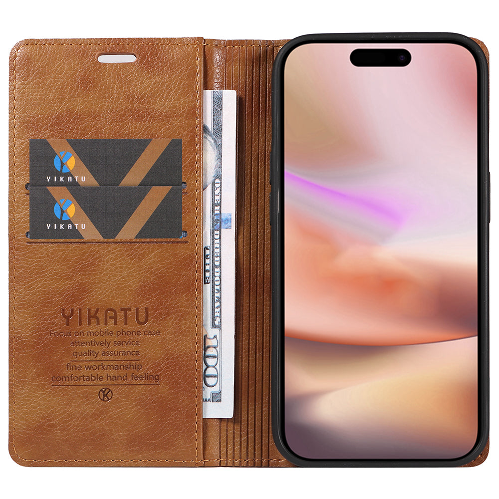 YIKATU YK-006 For iPhone 16 Plus Case Magnetic Auto-absorbed Leather Phone Cover - Brown