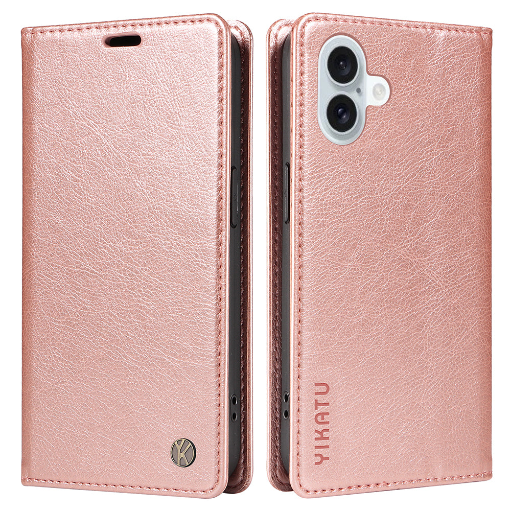 YIKATU YK-006 For iPhone 16 Plus Case Magnetic Auto-absorbed Leather Phone Cover - Rose Gold