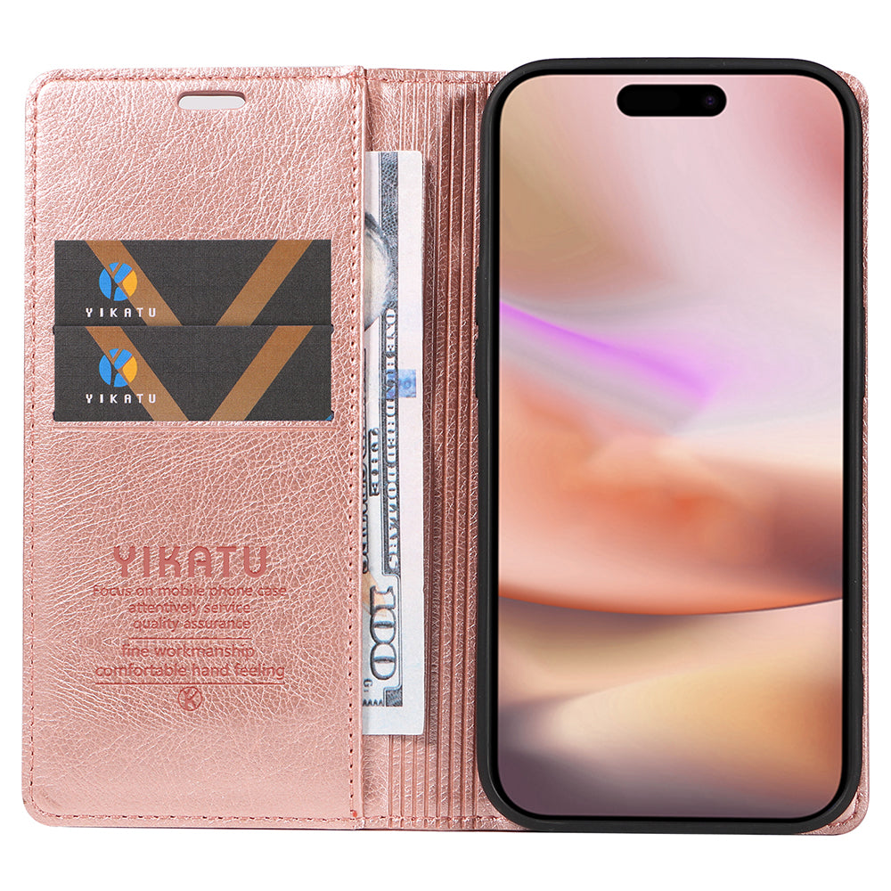 YIKATU YK-006 For iPhone 16 Plus Case Magnetic Auto-absorbed Leather Phone Cover - Rose Gold