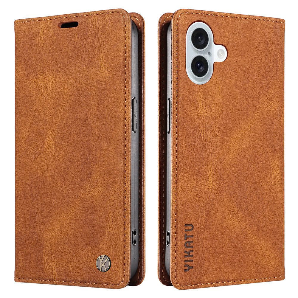 YIKATU YK-004 For iPhone 16 Plus Leather Cover Skin-Touch Wallet Phone Cases Wholesale - Brown