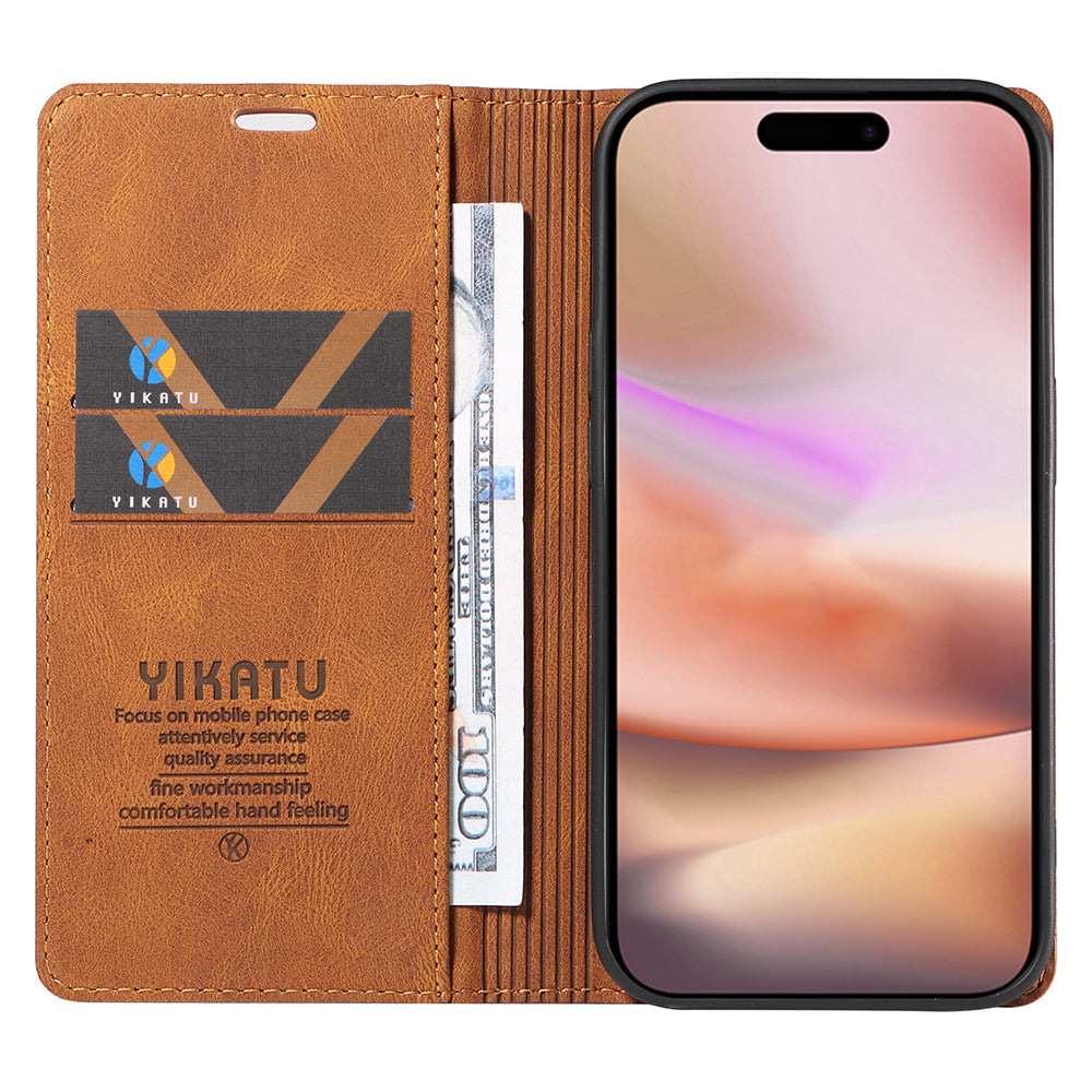 YIKATU YK-004 For iPhone 16 Plus Leather Cover Skin-Touch Wallet Phone Cases Wholesale - Brown