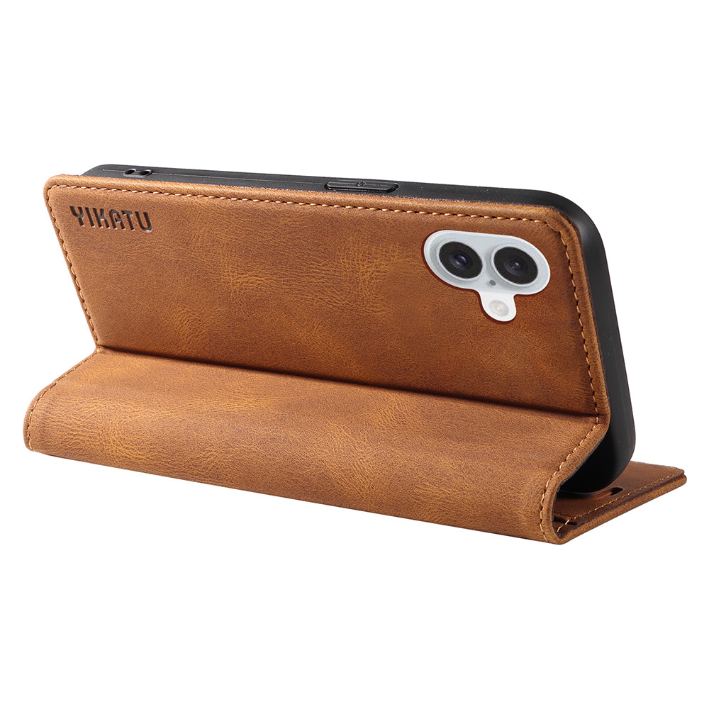 YIKATU YK-004 For iPhone 16 Plus Leather Cover Skin-Touch Wallet Phone Cases Wholesale - Brown