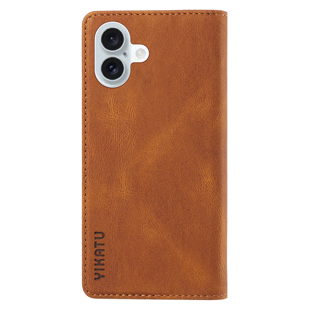 YIKATU YK-004 For iPhone 16 Plus Leather Cover Skin-Touch Wallet Phone Cases Wholesale - Brown