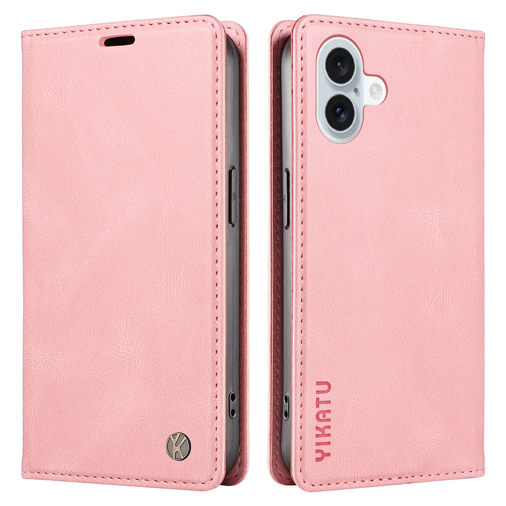 YIKATU YK-004 For iPhone 16 Plus Leather Cover Skin-Touch Wallet Phone Cases Wholesale - Pink