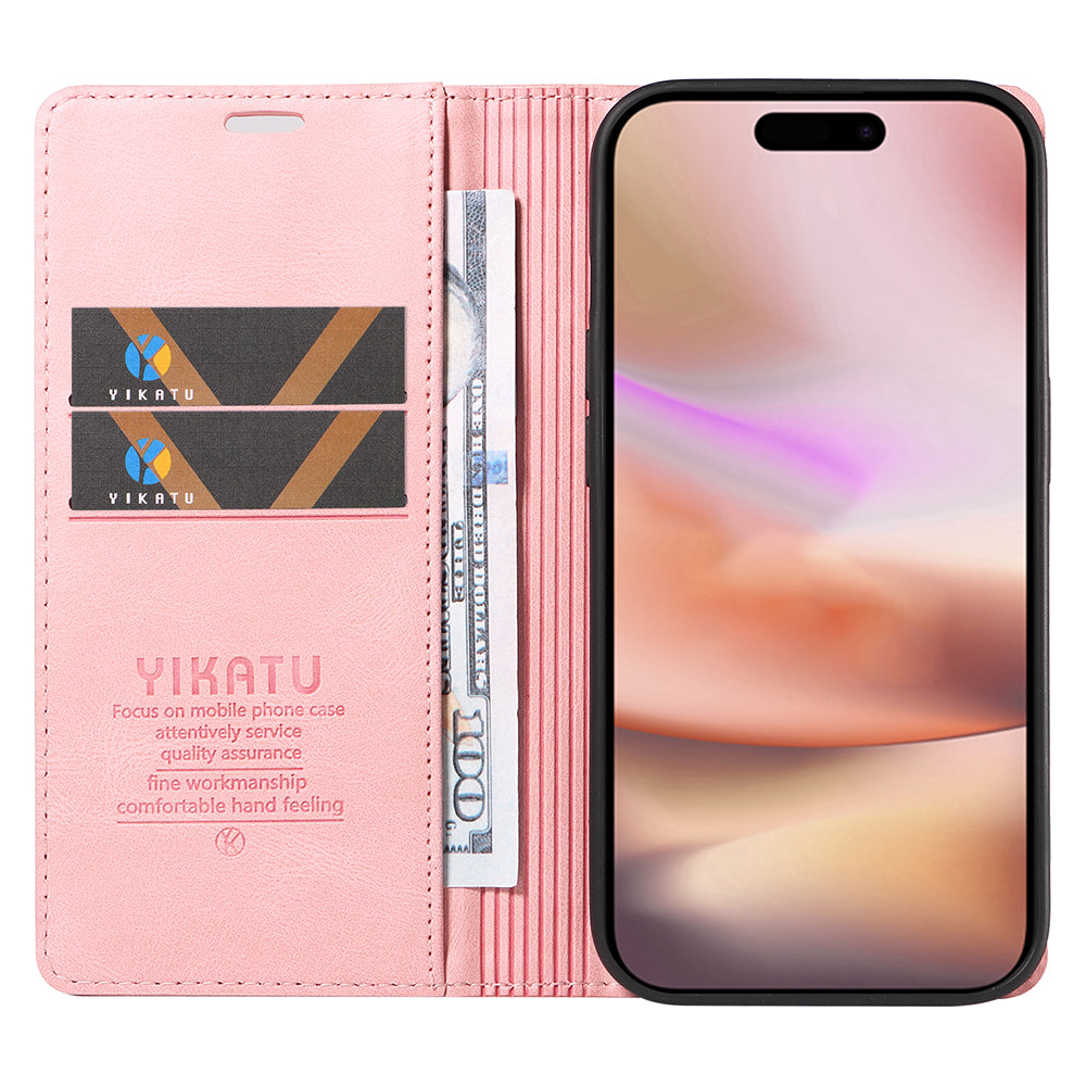 YIKATU YK-004 For iPhone 16 Plus Leather Cover Skin-Touch Wallet Phone Cases Wholesale - Pink