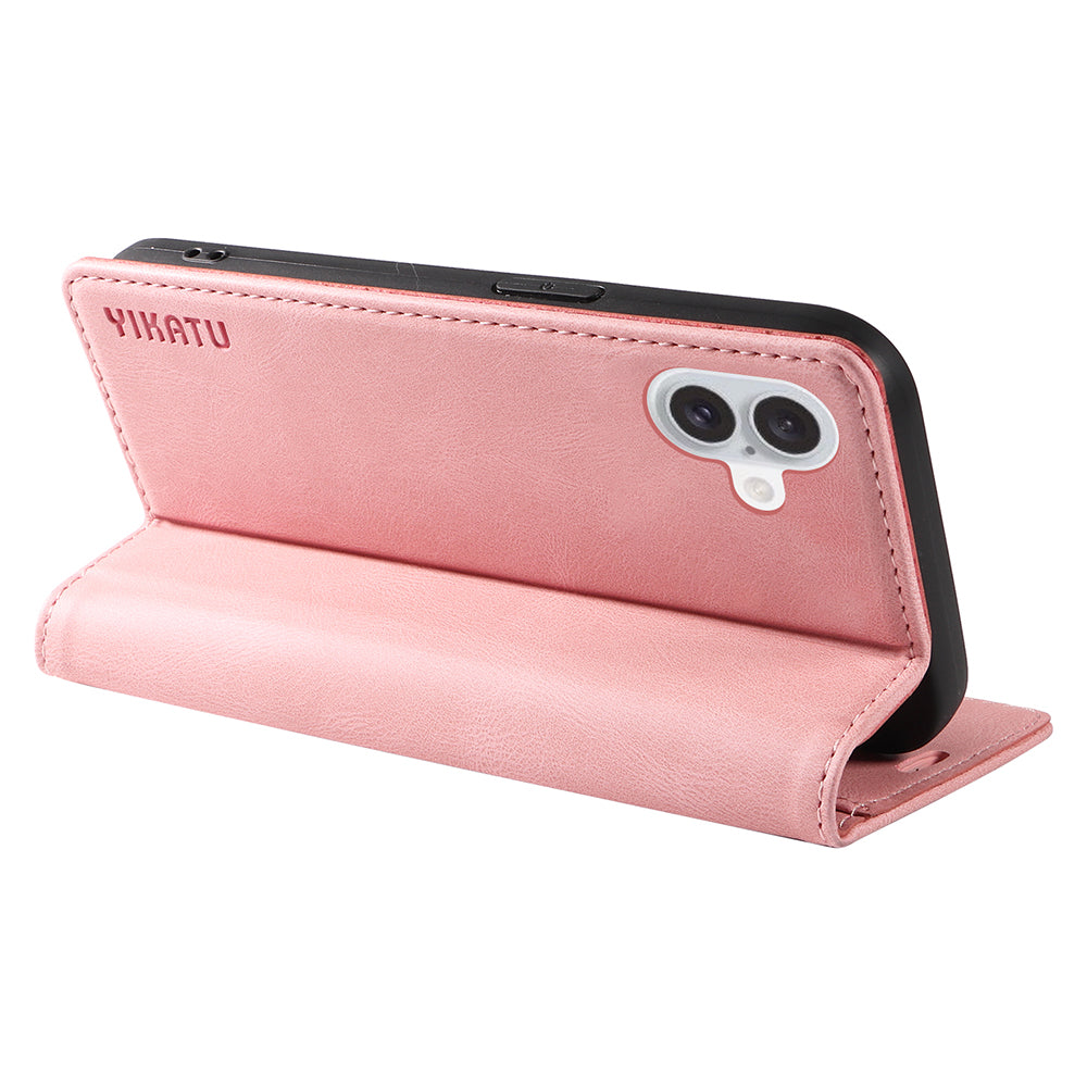 YIKATU YK-004 For iPhone 16 Plus Leather Cover Skin-Touch Wallet Phone Cases Wholesale - Pink