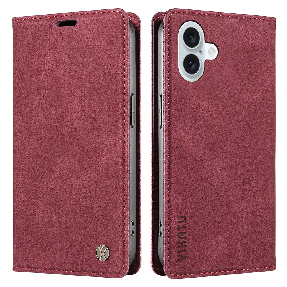 YIKATU YK-004 For iPhone 16 Plus Leather Cover Skin-Touch Wallet Phone Cases Wholesale - Wine Red