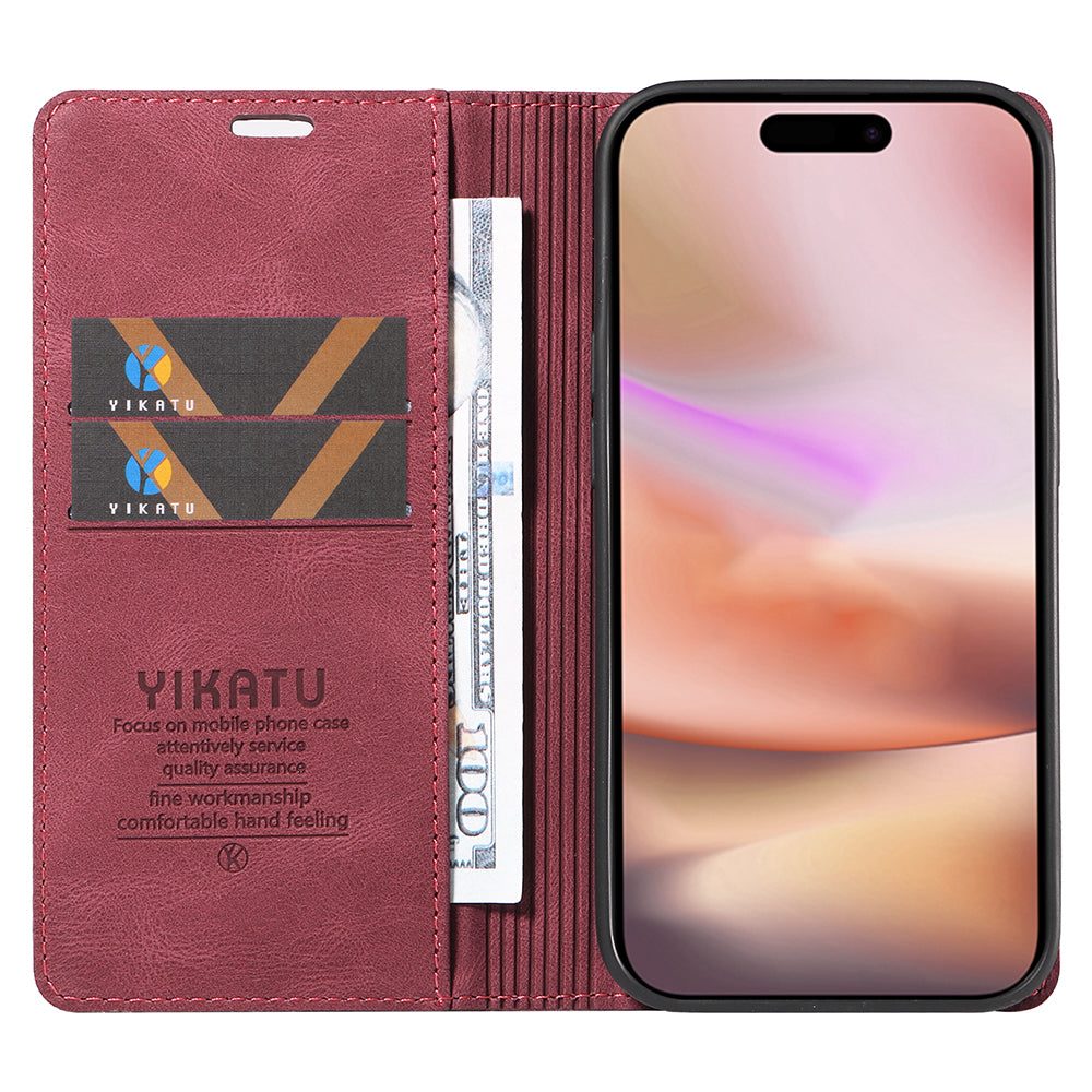 YIKATU YK-004 For iPhone 16 Plus Leather Cover Skin-Touch Wallet Phone Cases Wholesale - Wine Red