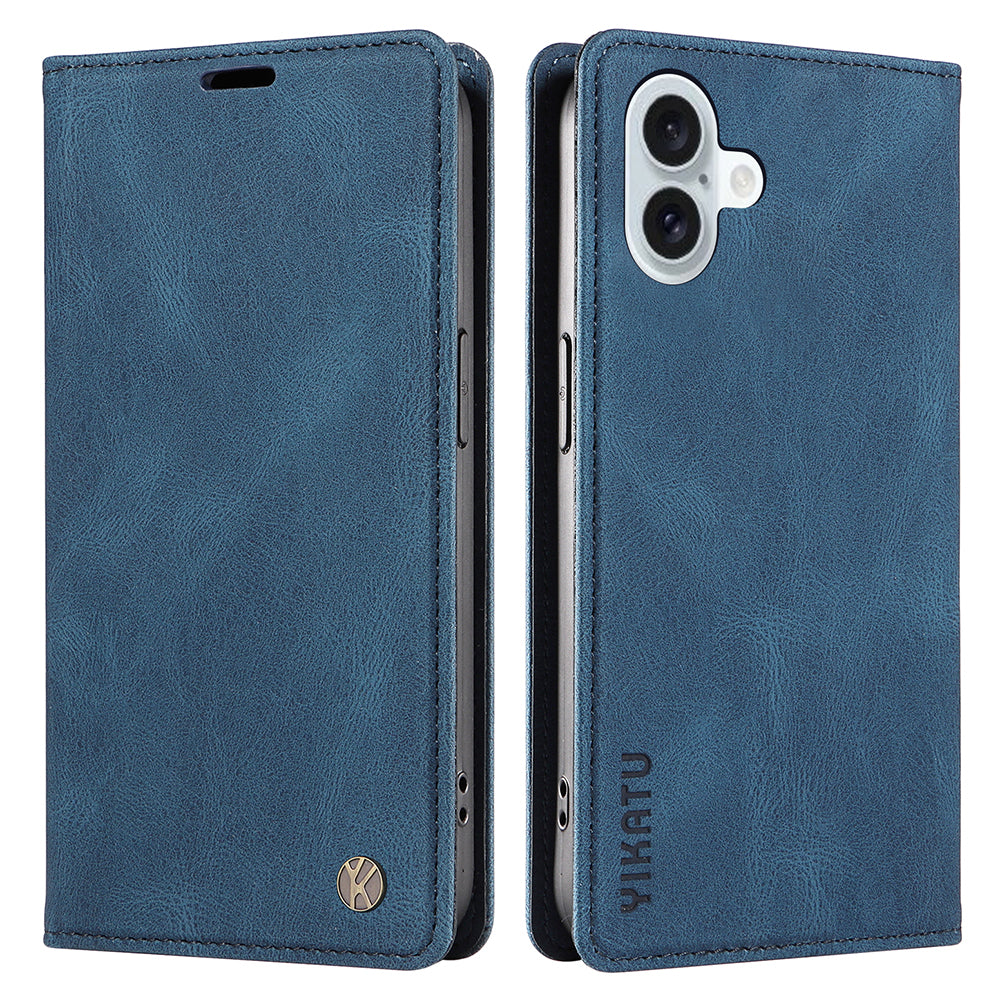 YIKATU YK-004 For iPhone 16 Plus Leather Cover Skin-Touch Wallet Phone Cases Wholesale - Blue