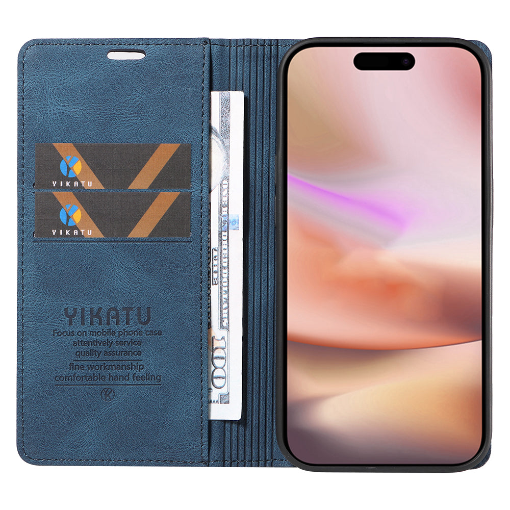 YIKATU YK-004 For iPhone 16 Plus Leather Cover Skin-Touch Wallet Phone Cases Wholesale - Blue