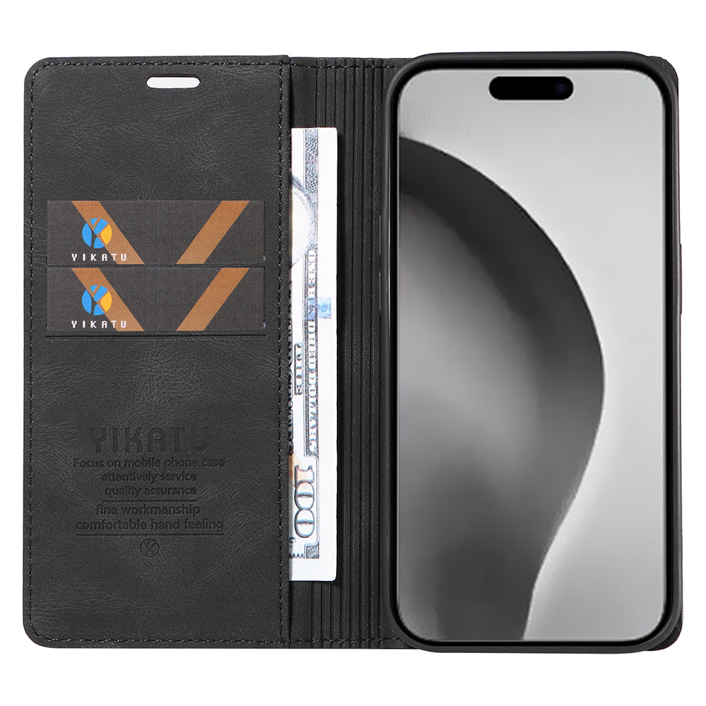 YIKATU YK-004 For iPhone 16 Pro Max Case Skin Feel Leather Wallet Phone Cover Strong Magnetic - Black