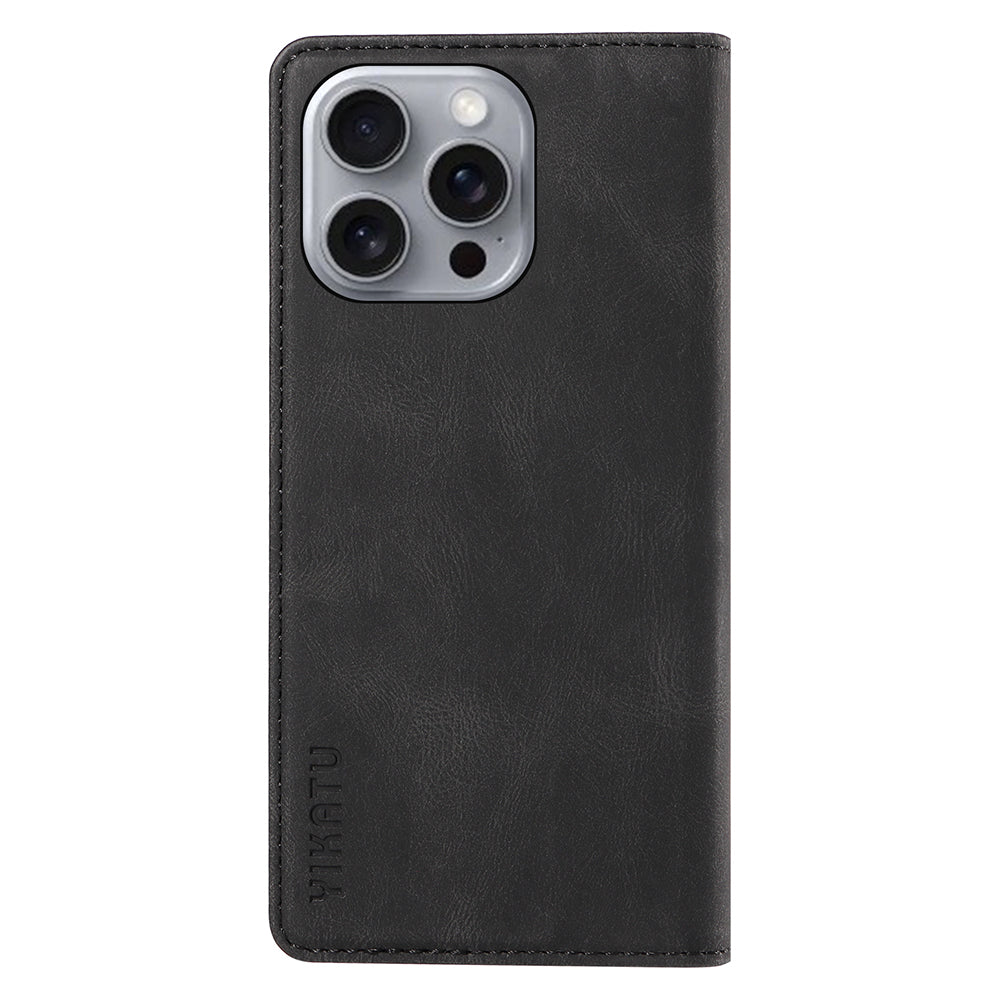 YIKATU YK-004 For iPhone 16 Pro Max Case Skin Feel Leather Wallet Phone Cover Strong Magnetic - Black