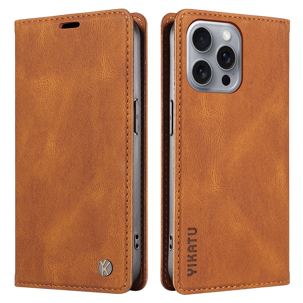 YIKATU YK-004 For iPhone 16 Pro Max Case Skin Feel Leather Wallet Phone Cover Strong Magnetic - Brown