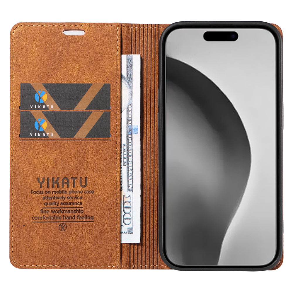 YIKATU YK-004 For iPhone 16 Pro Max Case Skin Feel Leather Wallet Phone Cover Strong Magnetic - Brown