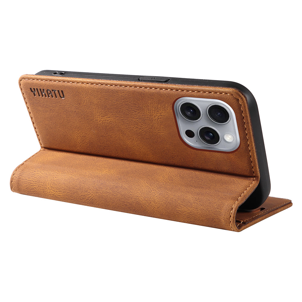 YIKATU YK-004 For iPhone 16 Pro Max Case Skin Feel Leather Wallet Phone Cover Strong Magnetic - Brown