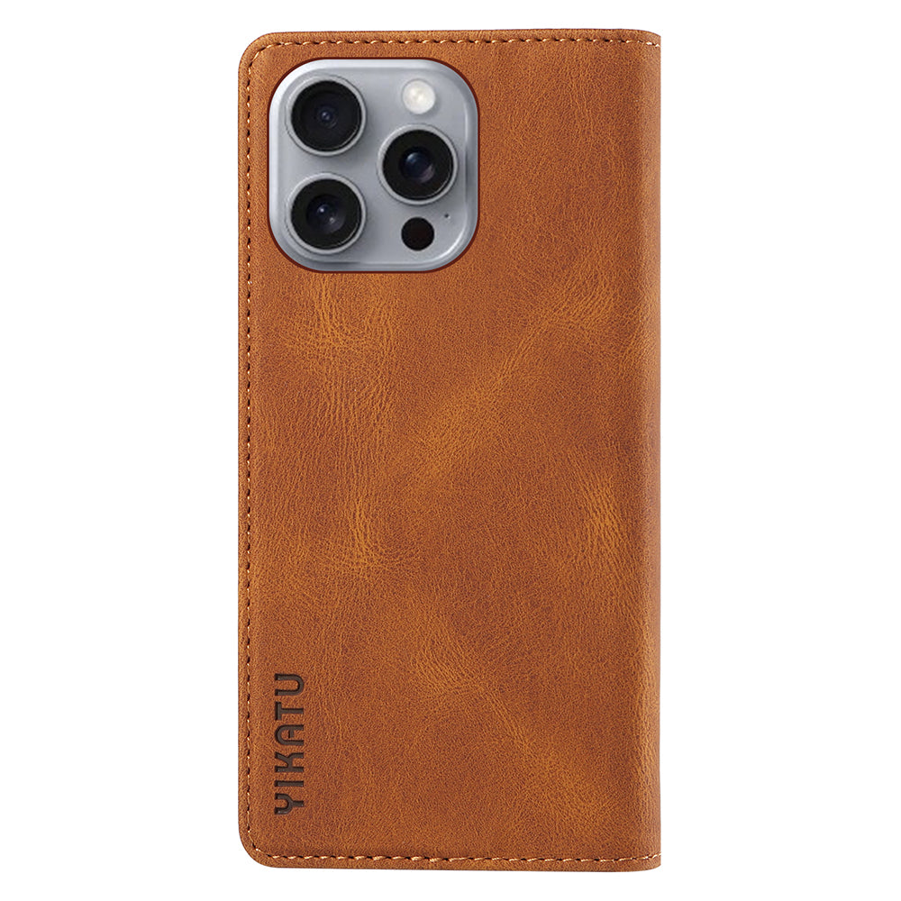 YIKATU YK-004 For iPhone 16 Pro Max Case Skin Feel Leather Wallet Phone Cover Strong Magnetic - Brown