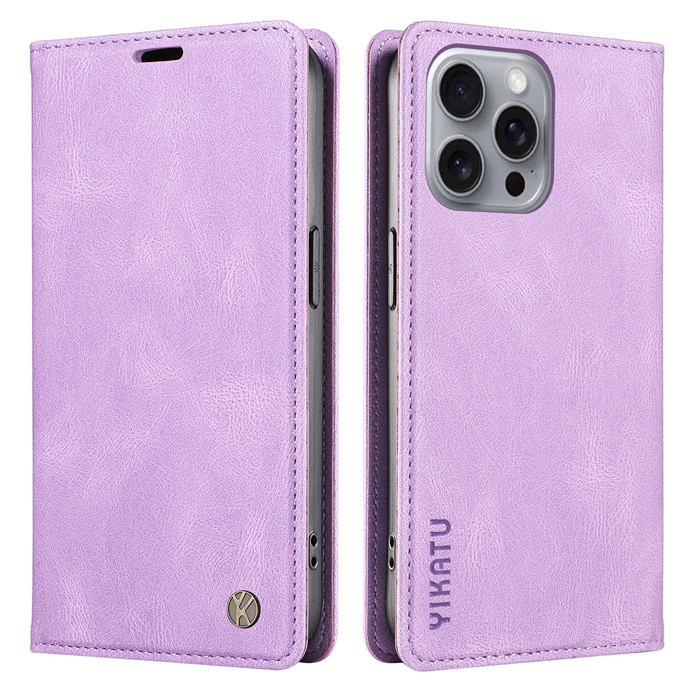 YIKATU YK-004 For iPhone 16 Pro Max Case Skin Feel Leather Wallet Phone Cover Strong Magnetic - Purple