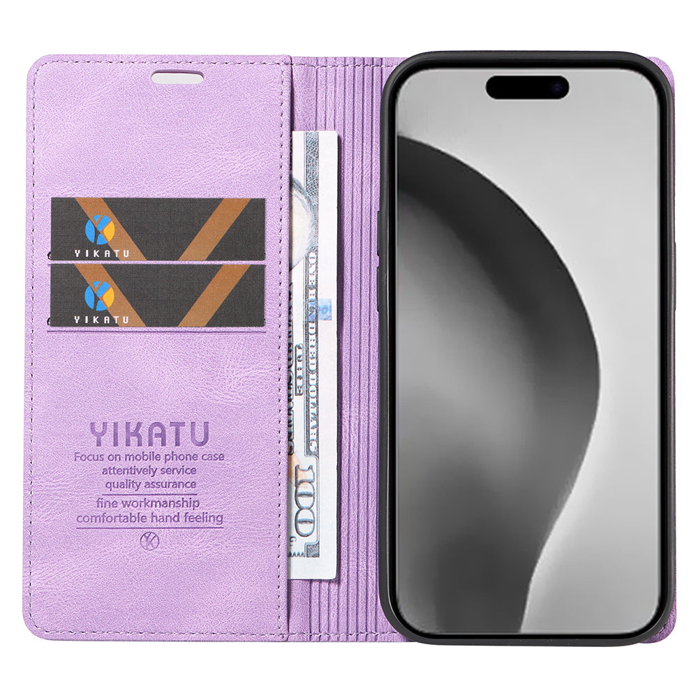 YIKATU YK-004 For iPhone 16 Pro Max Case Skin Feel Leather Wallet Phone Cover Strong Magnetic - Purple