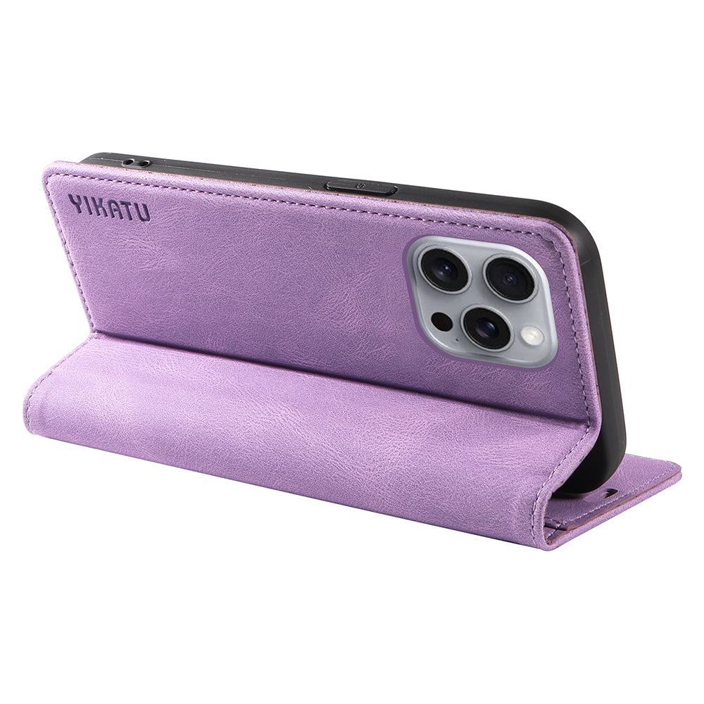 YIKATU YK-004 For iPhone 16 Pro Max Case Skin Feel Leather Wallet Phone Cover Strong Magnetic - Purple