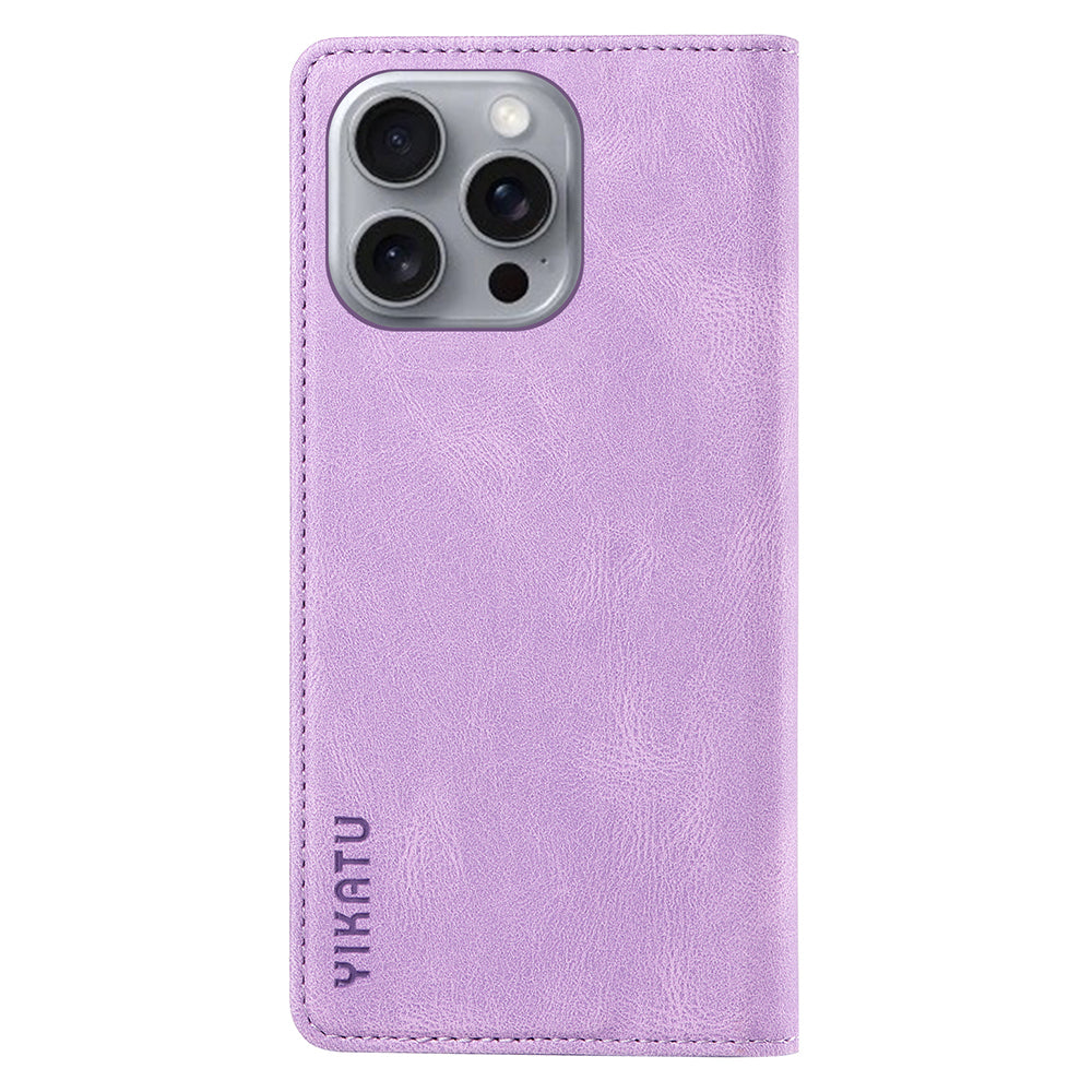 YIKATU YK-004 For iPhone 16 Pro Max Case Skin Feel Leather Wallet Phone Cover Strong Magnetic - Purple