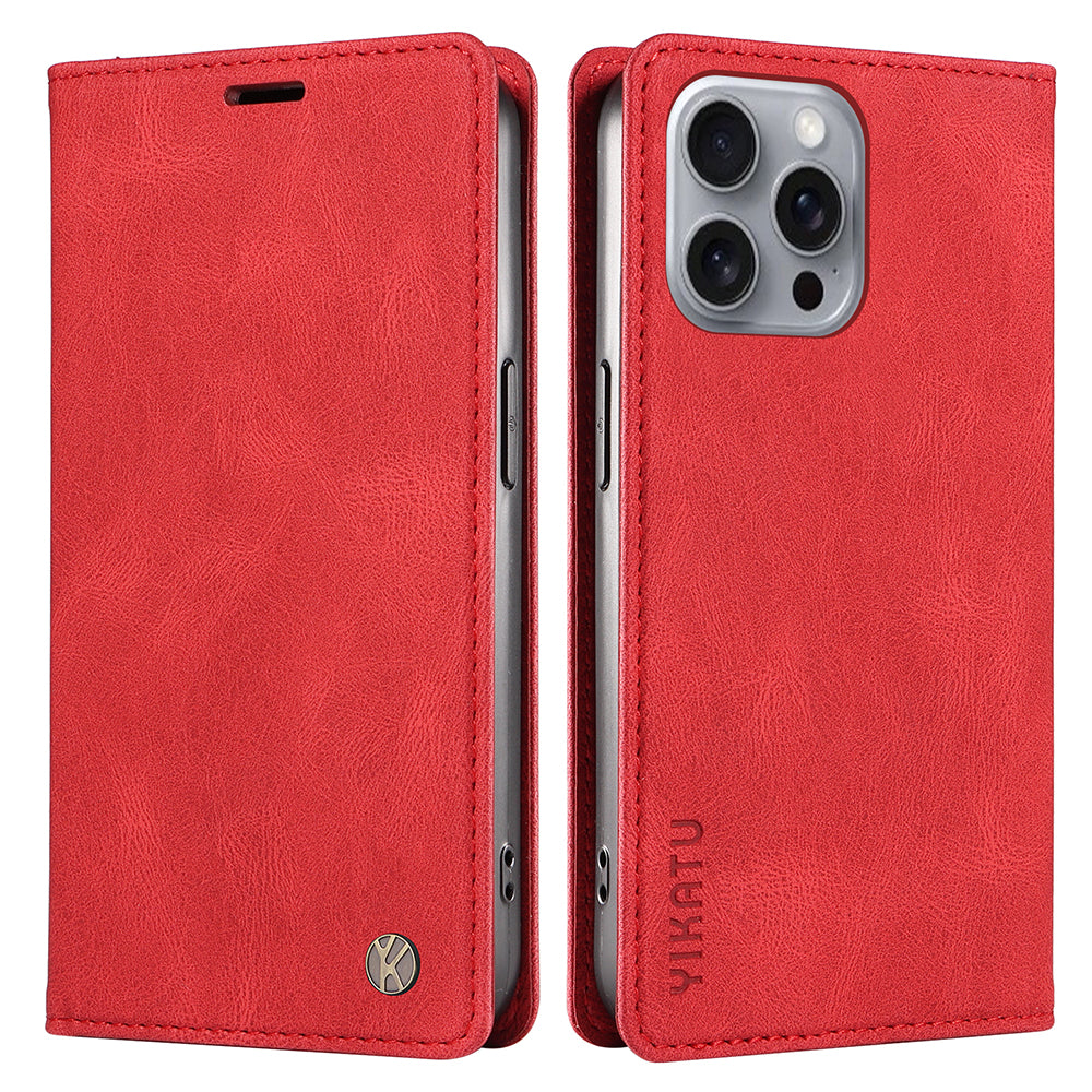 YIKATU YK-004 For iPhone 16 Pro Max Case Skin Feel Leather Wallet Phone Cover Strong Magnetic - Red