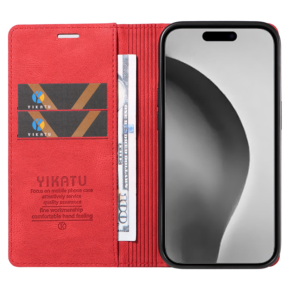 YIKATU YK-004 For iPhone 16 Pro Max Case Skin Feel Leather Wallet Phone Cover Strong Magnetic - Red