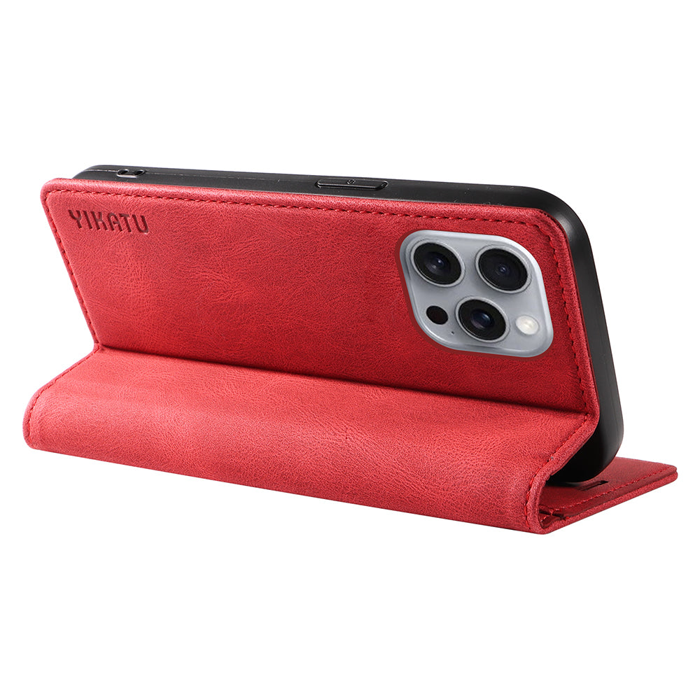 YIKATU YK-004 For iPhone 16 Pro Max Case Skin Feel Leather Wallet Phone Cover Strong Magnetic - Red