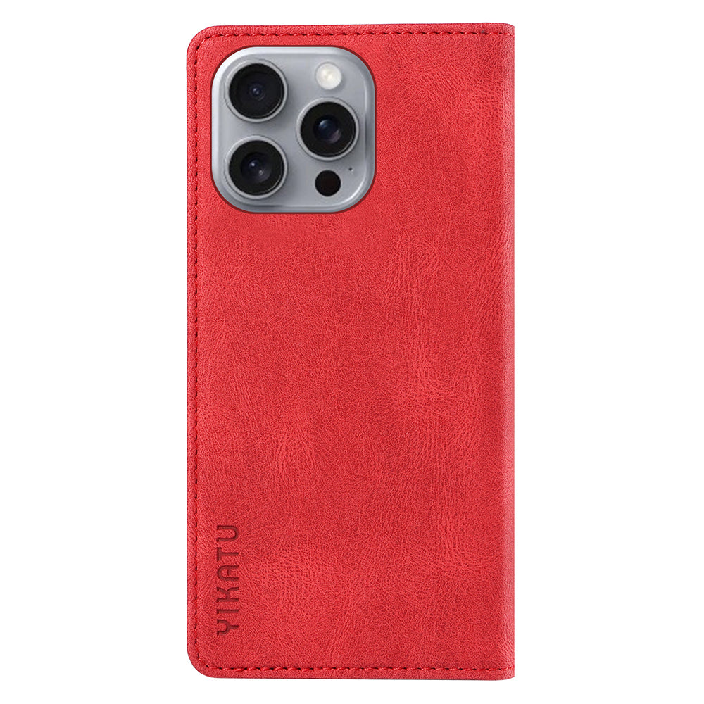 YIKATU YK-004 For iPhone 16 Pro Max Case Skin Feel Leather Wallet Phone Cover Strong Magnetic - Red