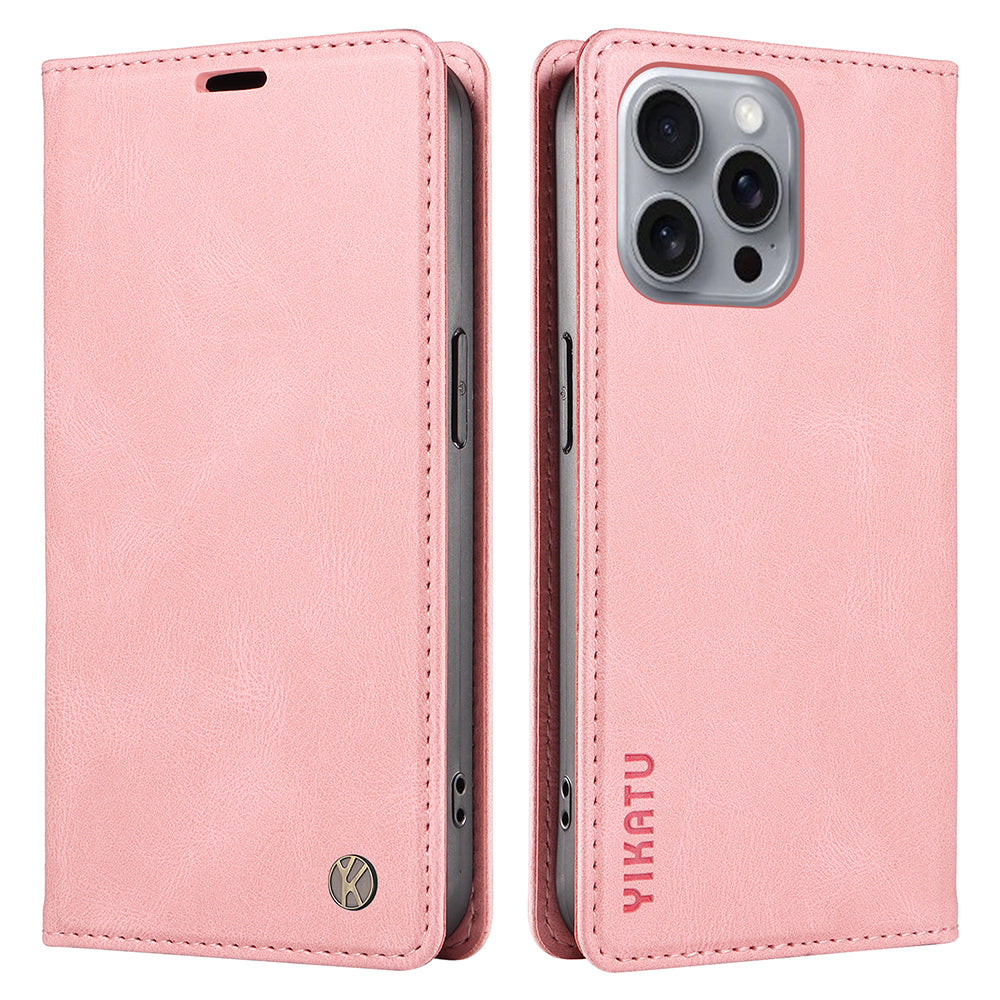 YIKATU YK-004 For iPhone 16 Pro Max Case Skin Feel Leather Wallet Phone Cover Strong Magnetic - Pink