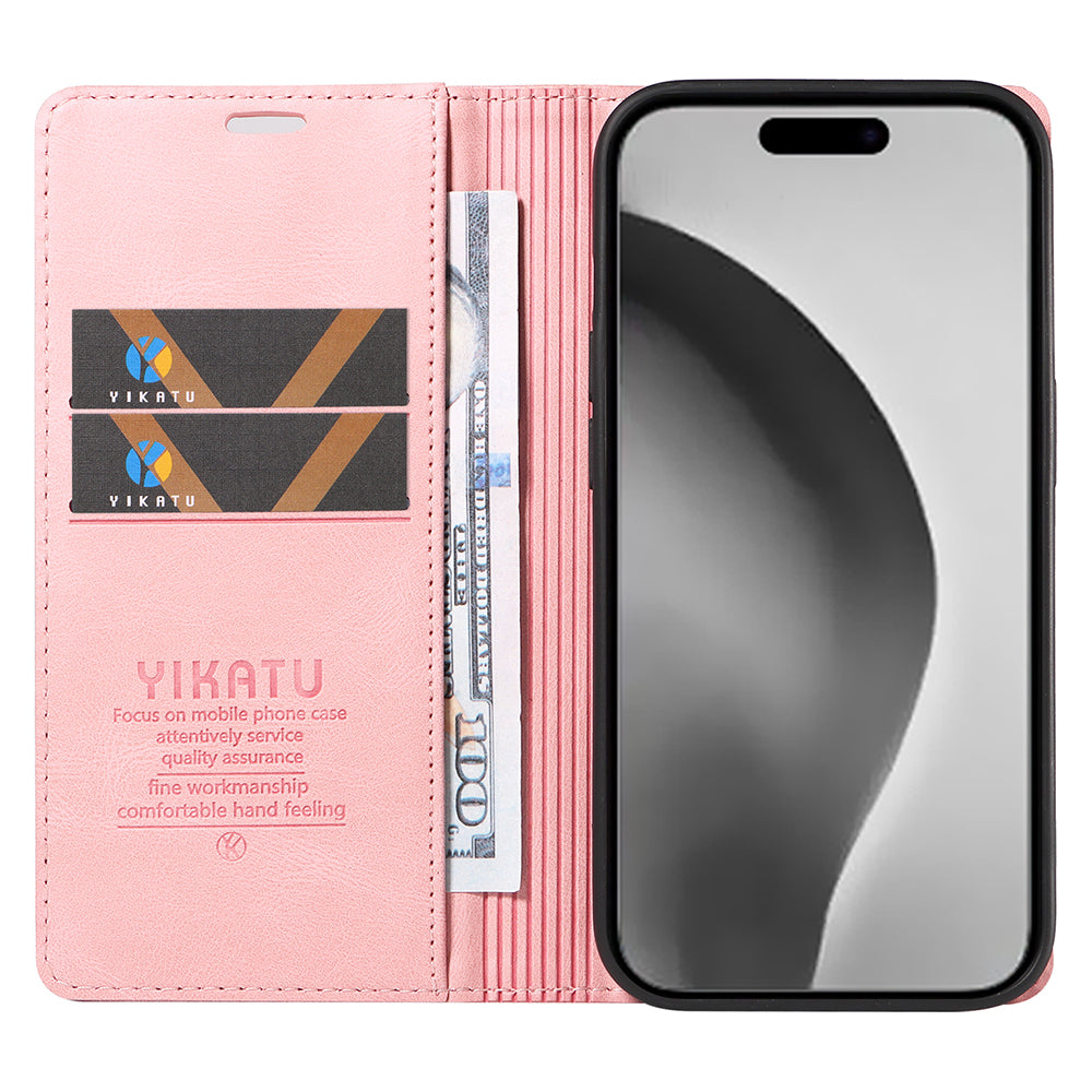 YIKATU YK-004 For iPhone 16 Pro Max Case Skin Feel Leather Wallet Phone Cover Strong Magnetic - Pink