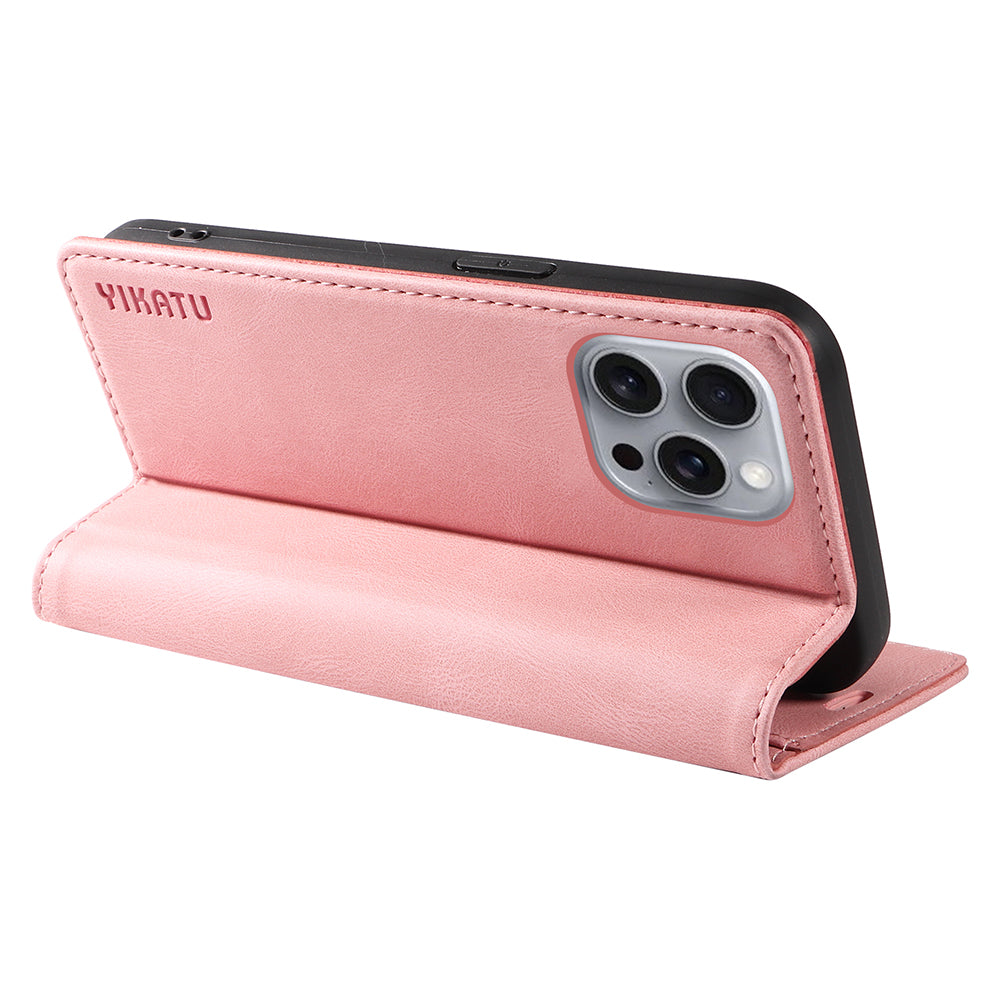 YIKATU YK-004 For iPhone 16 Pro Max Case Skin Feel Leather Wallet Phone Cover Strong Magnetic - Pink