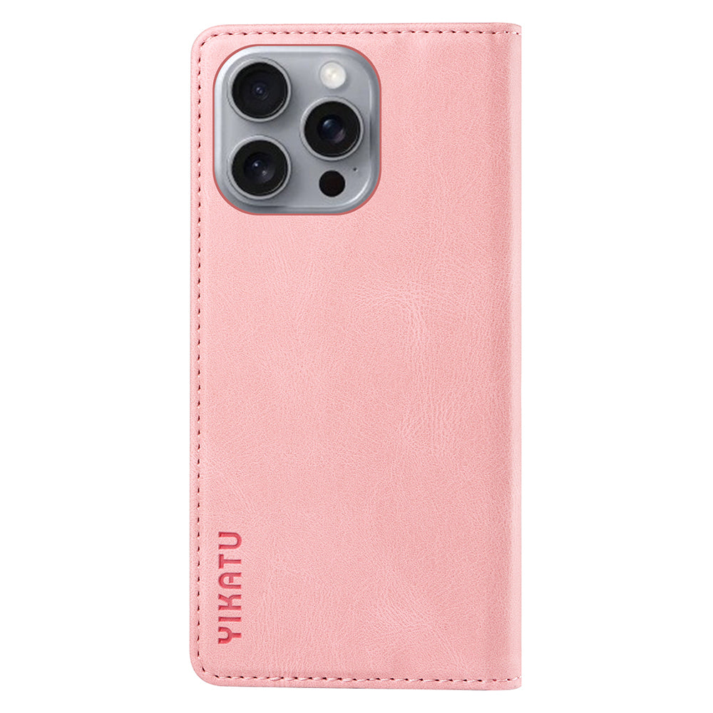 YIKATU YK-004 For iPhone 16 Pro Max Case Skin Feel Leather Wallet Phone Cover Strong Magnetic - Pink