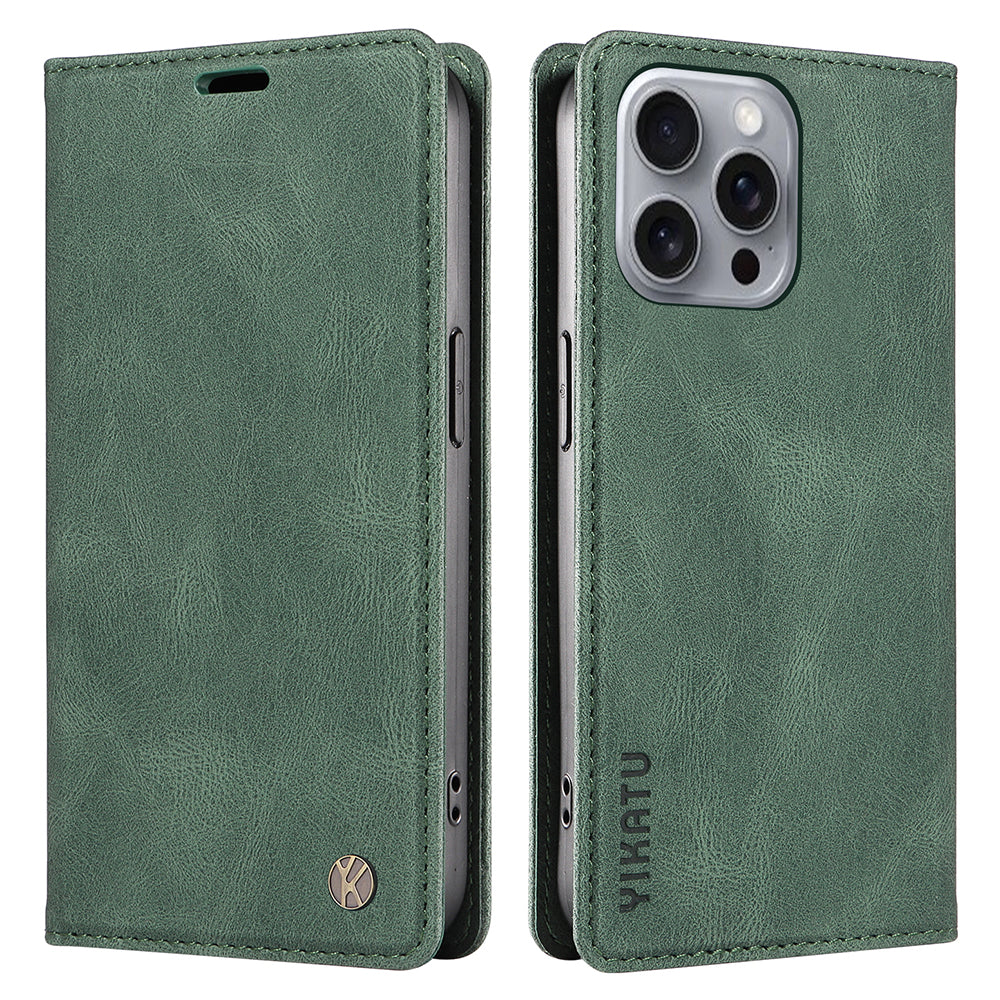 YIKATU YK-004 For iPhone 16 Pro Max Case Skin Feel Leather Wallet Phone Cover Strong Magnetic - Green