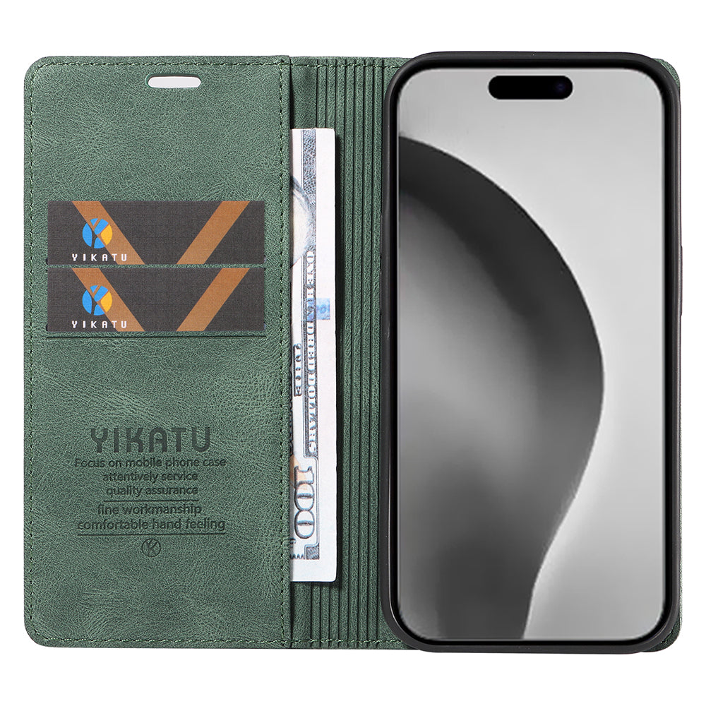 YIKATU YK-004 For iPhone 16 Pro Max Case Skin Feel Leather Wallet Phone Cover Strong Magnetic - Green