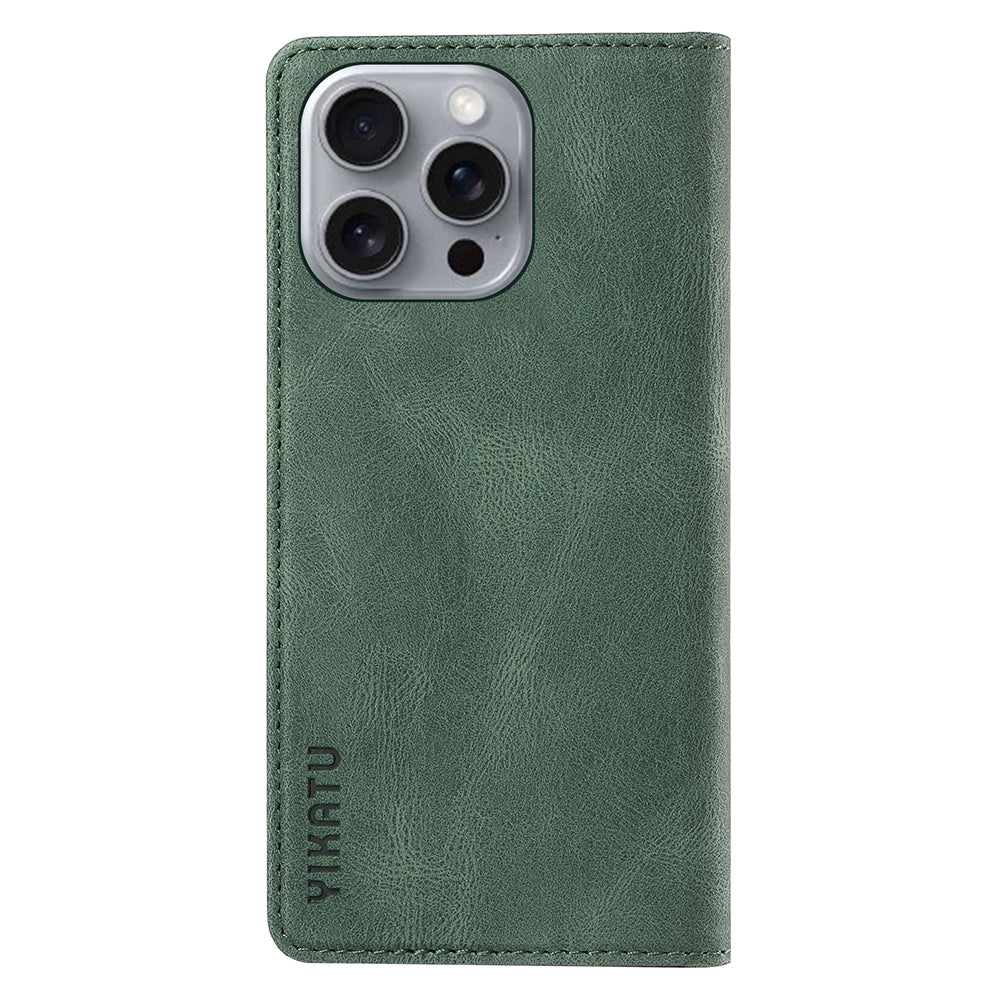 YIKATU YK-004 For iPhone 16 Pro Max Case Skin Feel Leather Wallet Phone Cover Strong Magnetic - Green