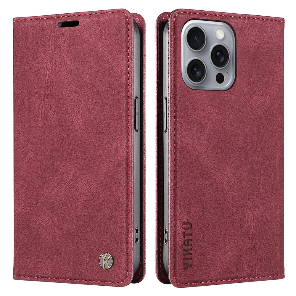 YIKATU YK-004 For iPhone 16 Pro Max Case Skin Feel Leather Wallet Phone Cover Strong Magnetic - Wine Red