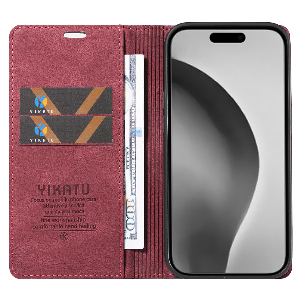 YIKATU YK-004 For iPhone 16 Pro Max Case Skin Feel Leather Wallet Phone Cover Strong Magnetic - Wine Red