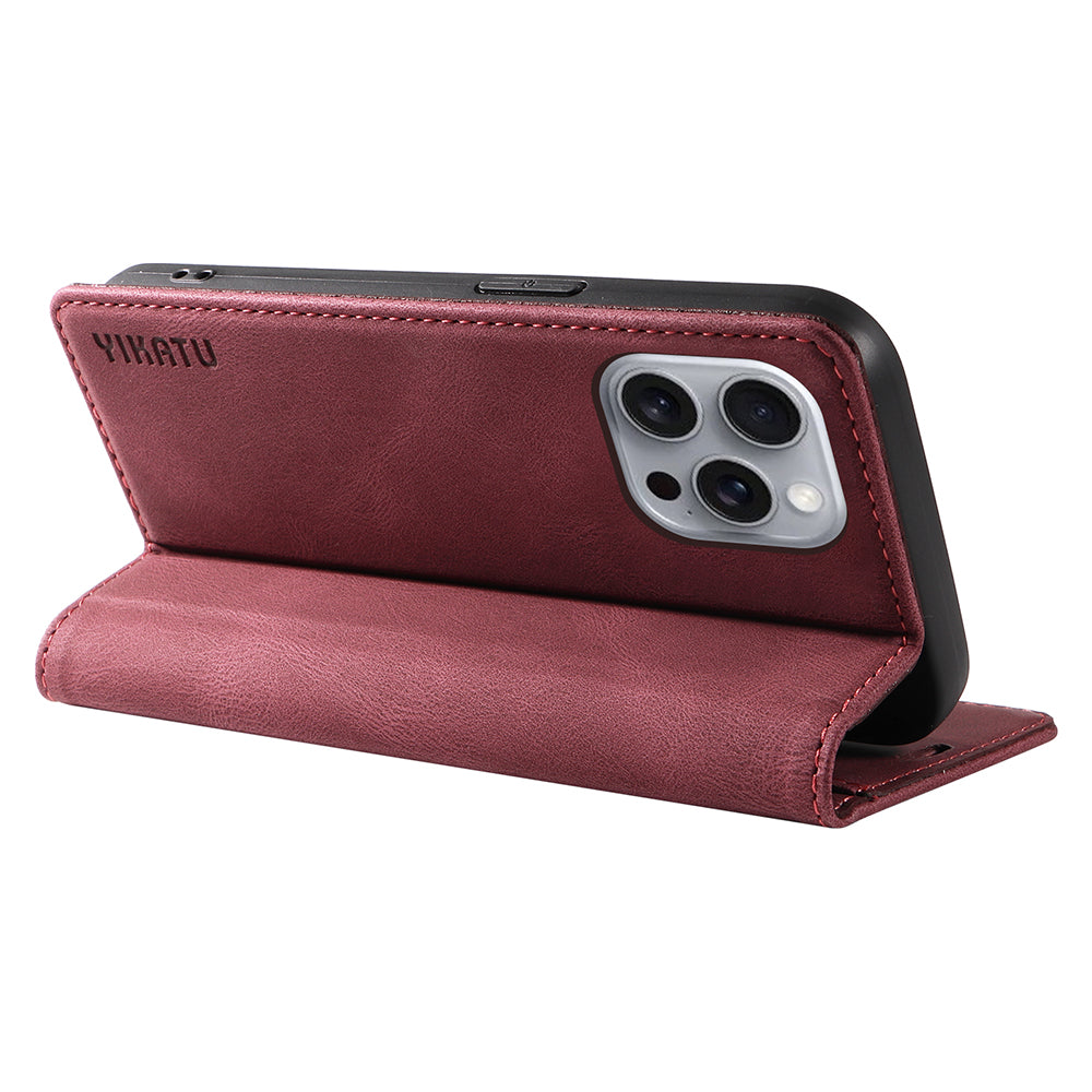 YIKATU YK-004 For iPhone 16 Pro Max Case Skin Feel Leather Wallet Phone Cover Strong Magnetic - Wine Red