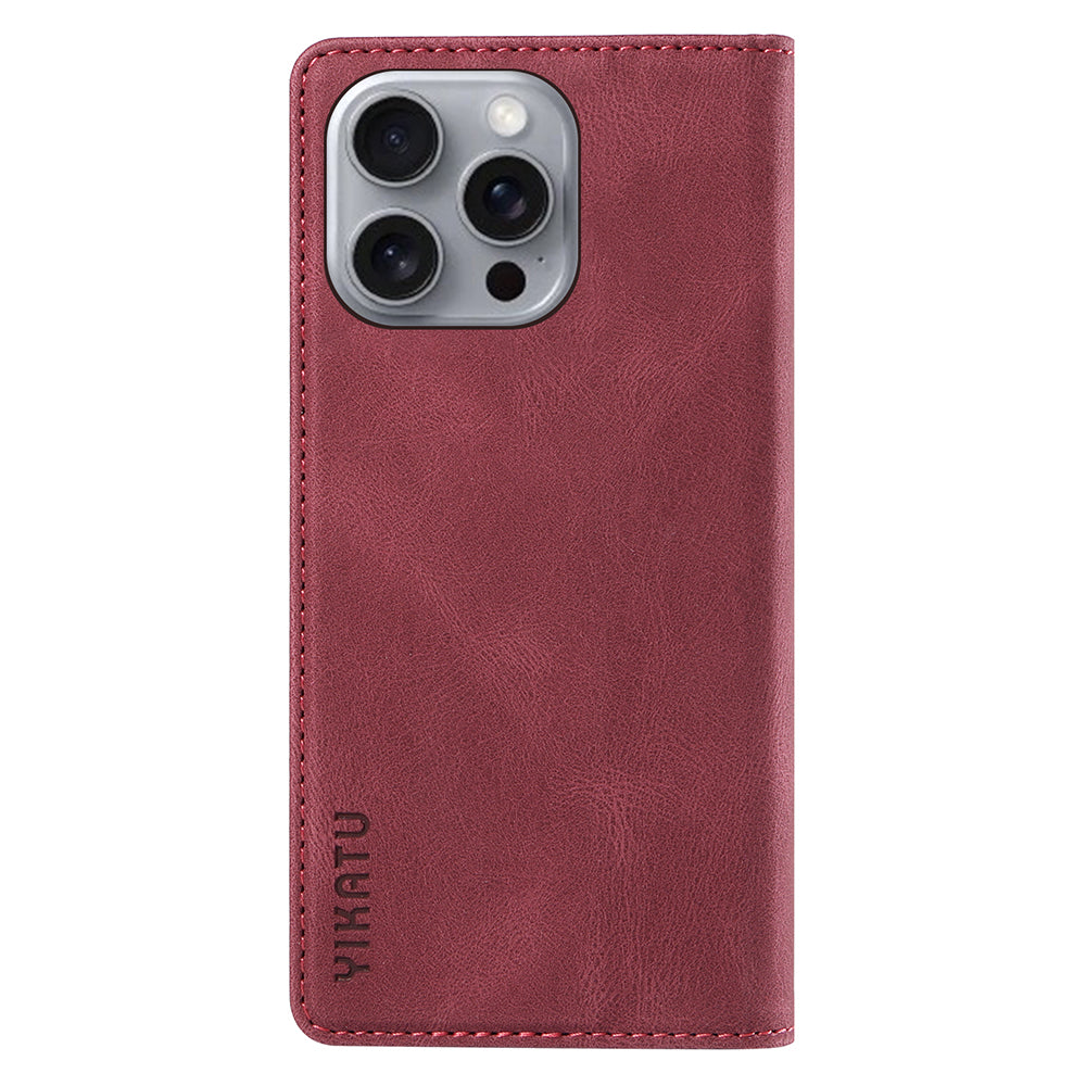 YIKATU YK-004 For iPhone 16 Pro Max Case Skin Feel Leather Wallet Phone Cover Strong Magnetic - Wine Red