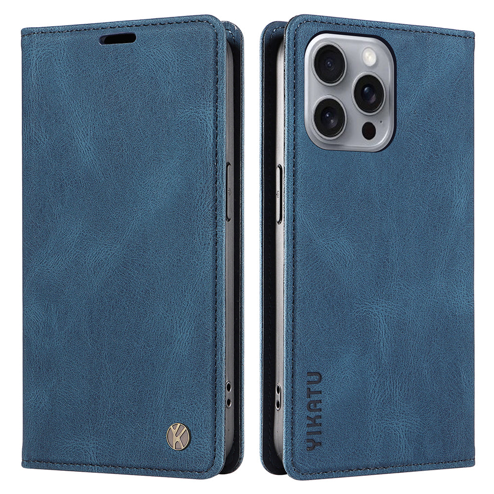 YIKATU YK-004 For iPhone 16 Pro Max Case Skin Feel Leather Wallet Phone Cover Strong Magnetic - Blue