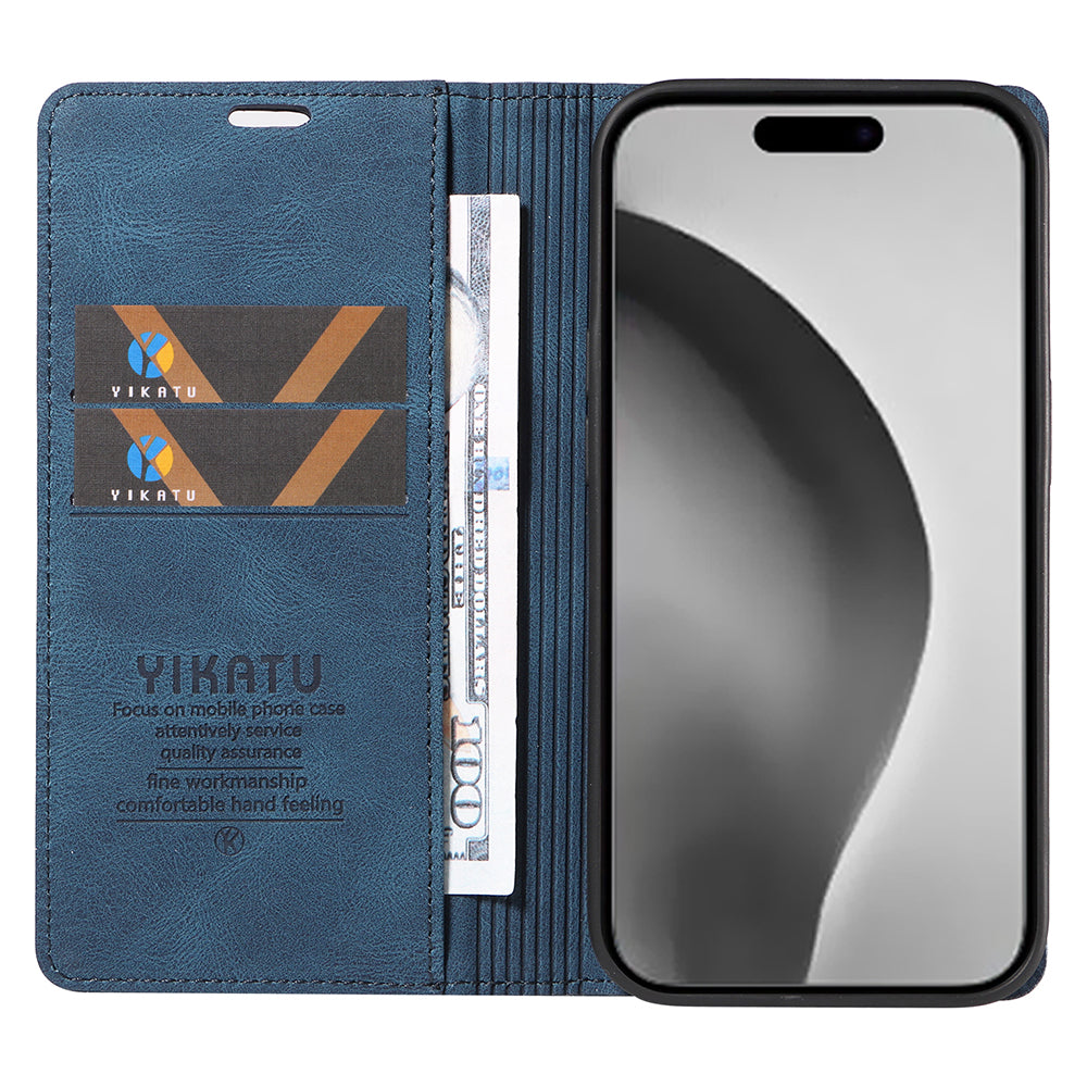 YIKATU YK-004 For iPhone 16 Pro Max Case Skin Feel Leather Wallet Phone Cover Strong Magnetic - Blue