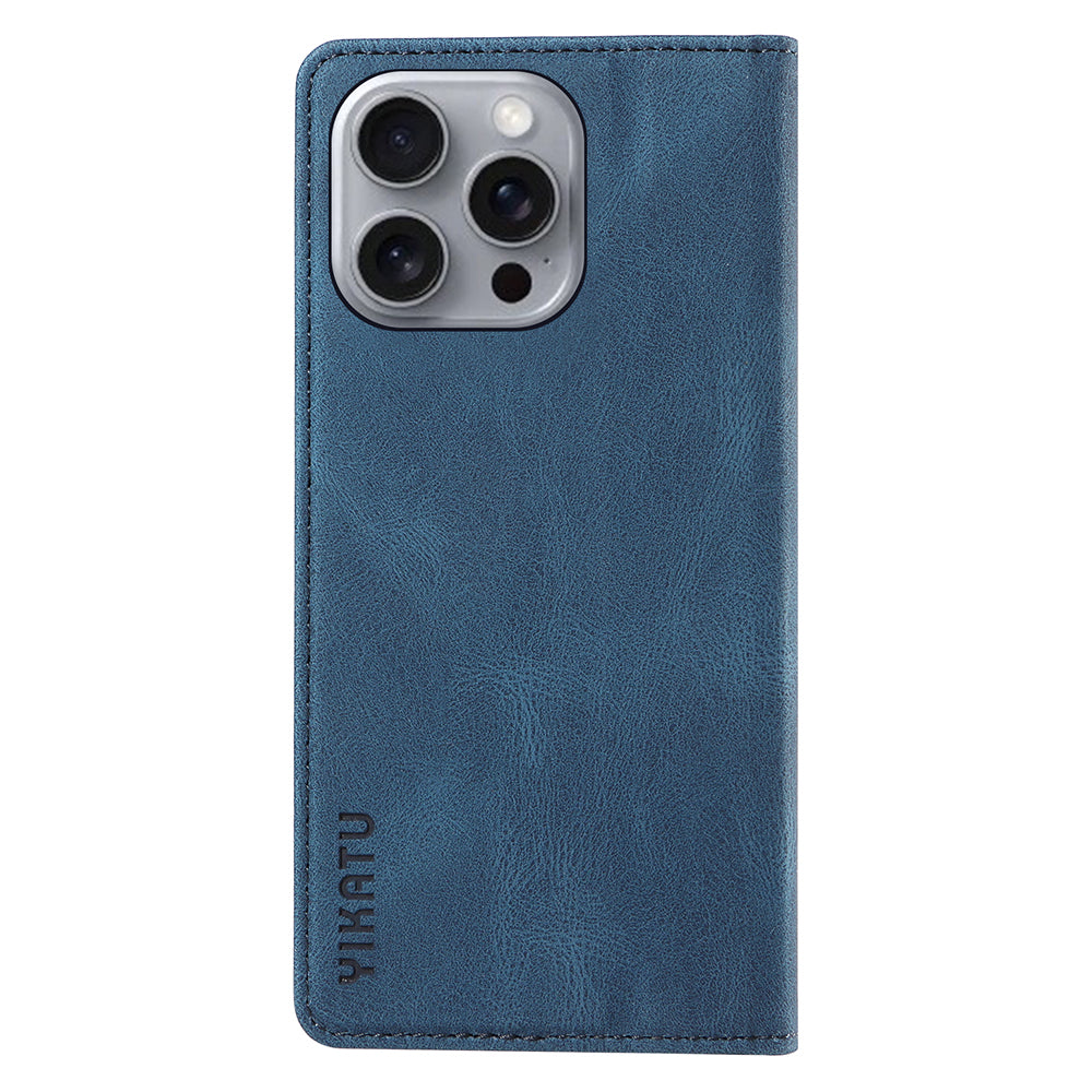 YIKATU YK-004 For iPhone 16 Pro Max Case Skin Feel Leather Wallet Phone Cover Strong Magnetic - Blue