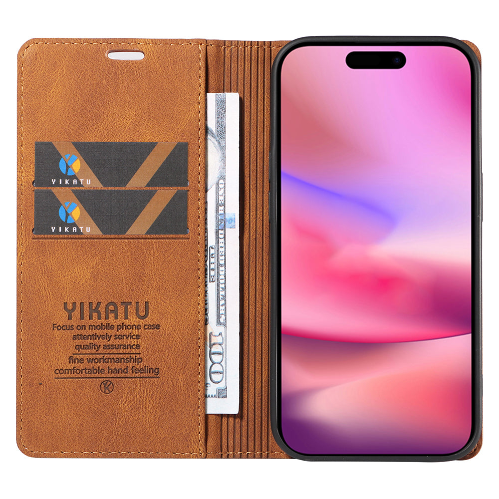 YIKATU YK-004 For iPhone 16 Case Magnetic Closing Wallet Phone Leather Cover - Brown