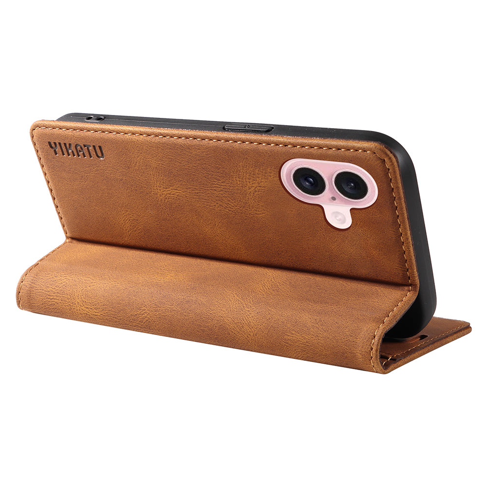 YIKATU YK-004 For iPhone 16 Case Magnetic Closing Wallet Phone Leather Cover - Brown