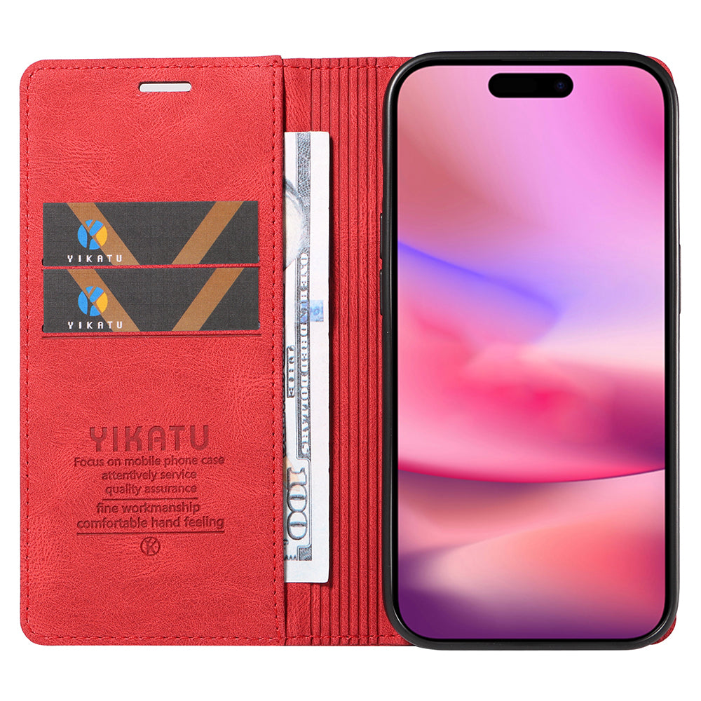 YIKATU YK-004 For iPhone 16 Case Magnetic Closing Wallet Phone Leather Cover - Red