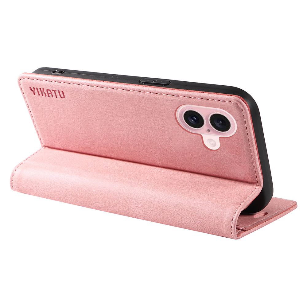 YIKATU YK-004 For iPhone 16 Case Magnetic Closing Wallet Phone Leather Cover - Pink