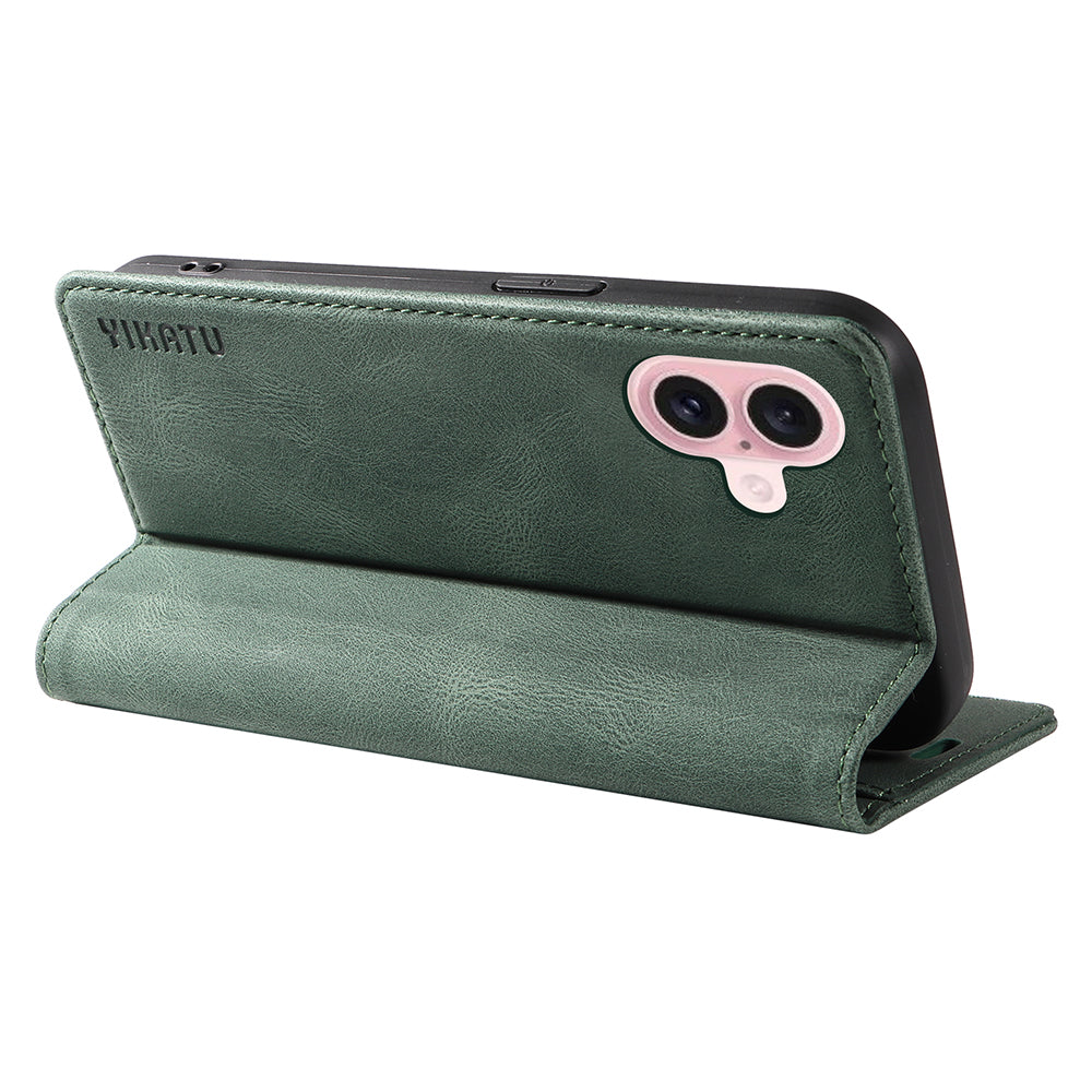 YIKATU YK-004 For iPhone 16 Case Magnetic Closing Wallet Phone Leather Cover - Green