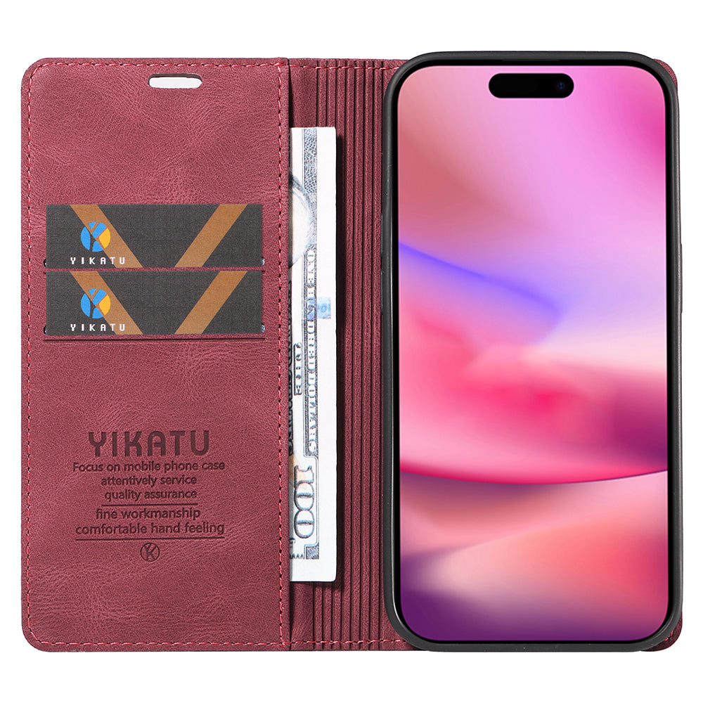 YIKATU YK-004 For iPhone 16 Case Magnetic Closing Wallet Phone Leather Cover - Wine Red